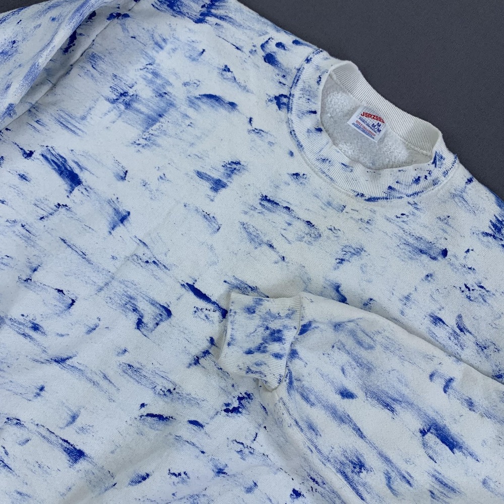 VTG Jerzees Sweatshirt Mens Medium Crewneck Blue Brush Stroke 50/50 Made USA 90s